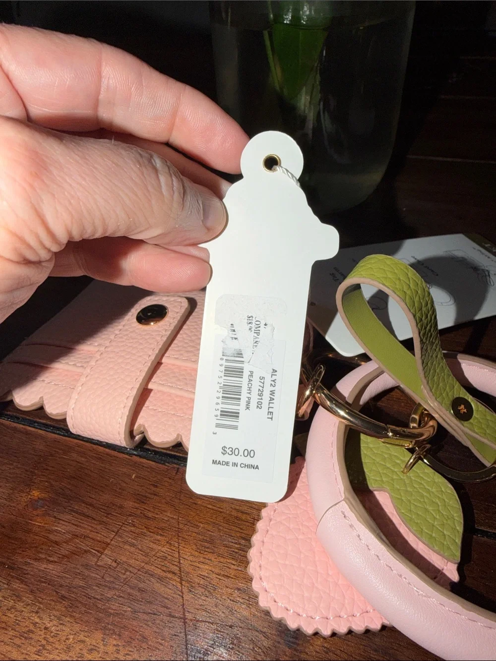 Nanette Lepore Blush Pink Scalloped ID Cardholder with Green Wristlet Accent